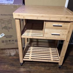 Home Aesthetics Rolling Kitchen Island Cart with Drawers Shelves, Towel Rack, Locking Casters, Butcher Block Food Prepping Cart Trolley on Wheels, Bam