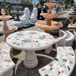 Concrete Mosaic Picnic Table with 3 Benches/ Outdoor Patio Furniture