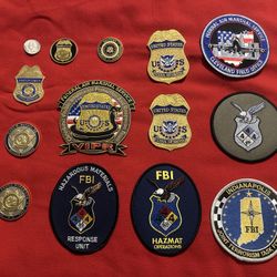 8 Federal Law Enforcement Patches, 4 Different Law Enforcement Challenge Coins And Small Badge Paperweight
