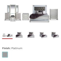Diva I| 5 Piece Queen Platinum & Gray Upholstered Bedroom Set with Vanity