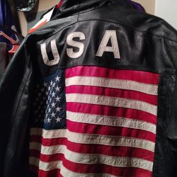 American Flag Timothy Daniels Black Leather Jacket Very Good Condition Needs Zipper Size Extra Large 