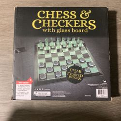 Chess & Checkers With Glass Board And Clear and Frosted Pieces. New Comes In Box