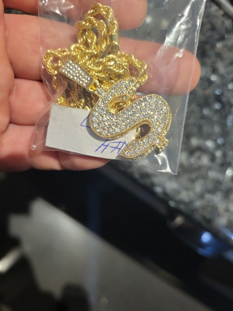 Iced Out Gold Plated Dollar Sign W/ 24" Rope Chain Necklace