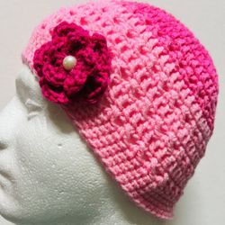 Breast Cancer chemo WOMEN Crochet Beanie Hat Unisex Ski Cap Large pink flower