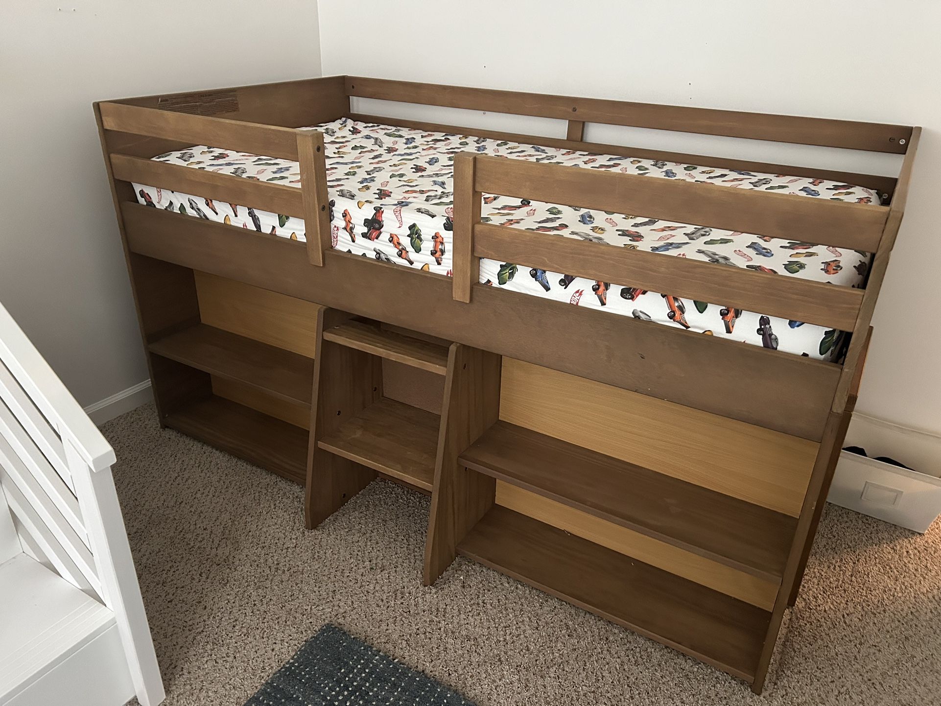 Max & Lily Modern Farmhouse Twin Low Loft Bed With Bookcases In Pecan