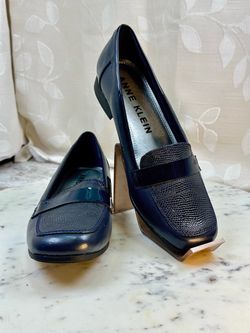 Anne Klein Womens Vittorio Loafers 9M Navy Blue Patent Trim Square Toe Work