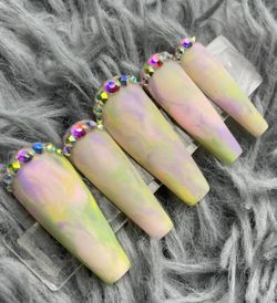 long coffin marble press on nails with rhinestones matte