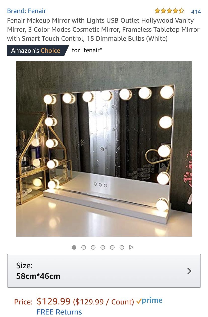 Fenair Makeup Mirror with Lights USB Outlet Hollywood Vanity Mirror, 3 Color Modes Cosmetic Mirror, Frameless Tabletop Mirror with Smart Touch Contro