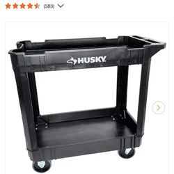 Husky 2-Tier Plastic 4-Wheeled Service Cart in Black with 500 Ibs. Capacity