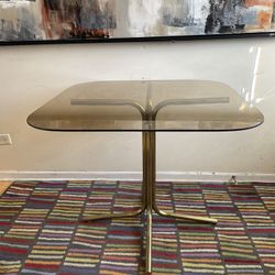 Vintage Hollywood Regency Style Brass & Tinted Glass Top Dining Table