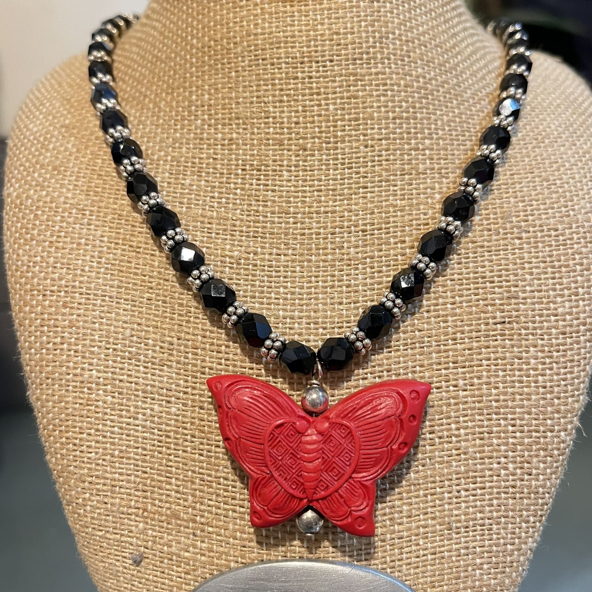 Sterling Silver Onyx And Red Chinese cinnabar necklace