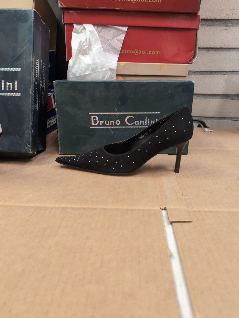 Two Pairs Of Bruno Clintini Shoes One Black Rhinestone Heels And The Other White Rhinestone Boot Heels