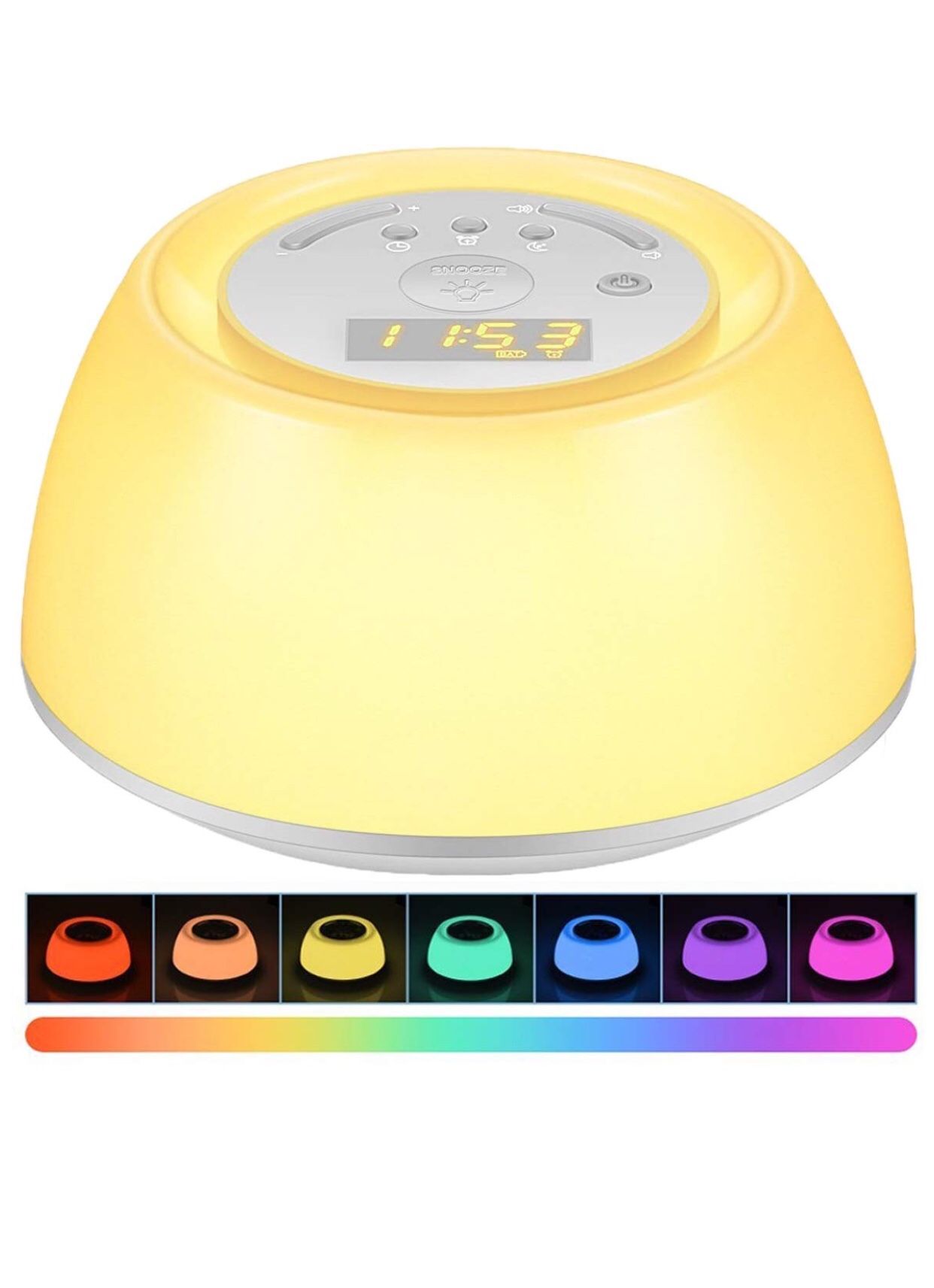 Wake up light alarm clock, sleep aid bedside lamp with sunrise snooze function, 8 natural sounds, 3 levels of brightness, multiple color variations f