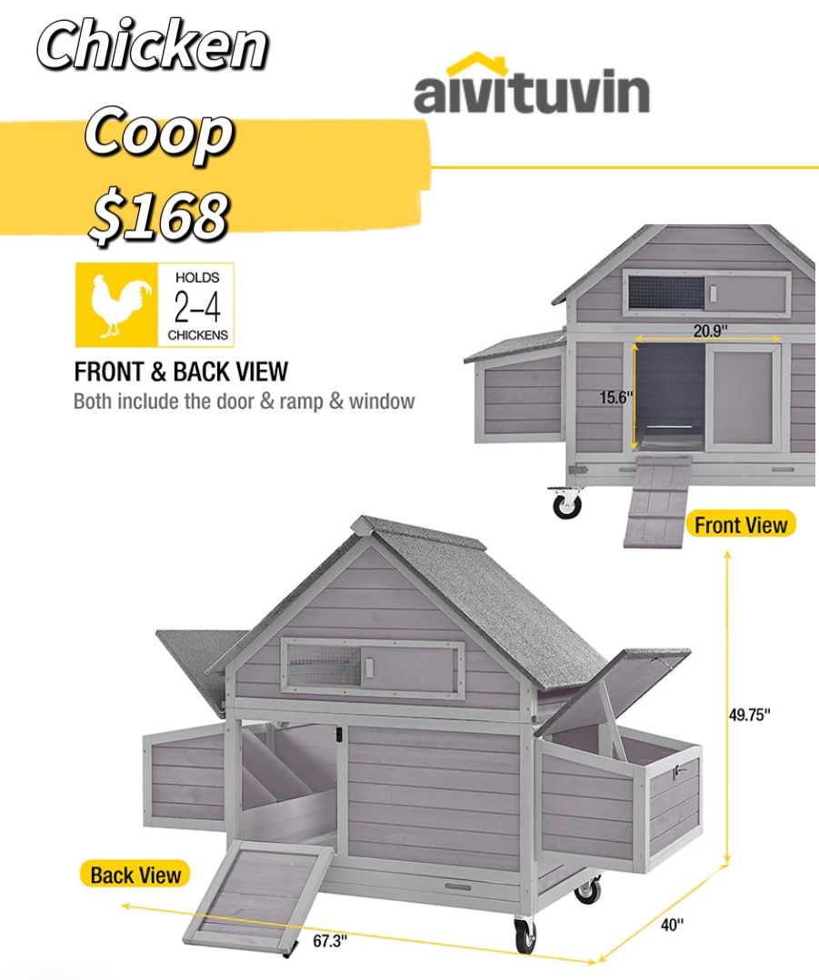 😀 Aivituvin-AIR67 Large Chicken Tractor for 2-4 Chickens - Chicken Coop without Chicken Run, $168 👀items still in the boxes ..needs to be assembled 