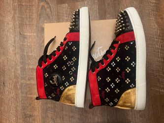 Christian Louboutin Lou Spikes High-Top Lace-Up Sneakers Black Red Gold (contact info removed)