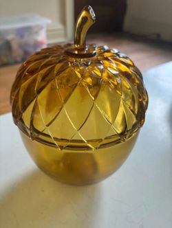 Amber glass acorn two piece candy dish