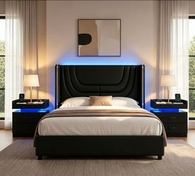 Set of 3 Queen Size Bed Frame with LED Lights and 2 nightstands.