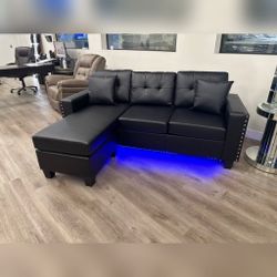 Black PVC Reversible Sectional Sofa Chaise with LED Light,USB Port,Nailhead Trim/Limited time offer 