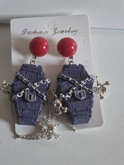 Gothic Coffin Dangle Earrings with Skull Charms