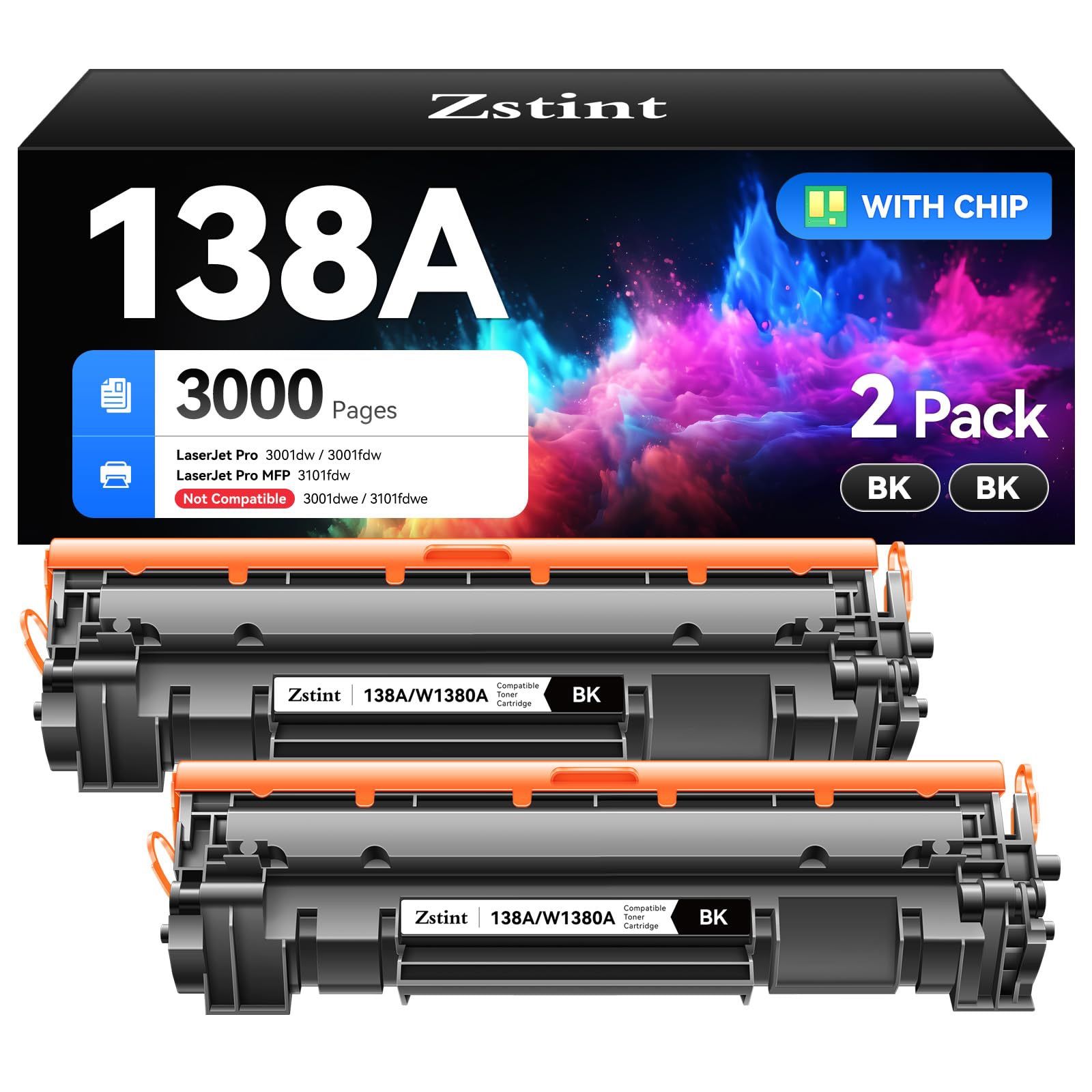 138A/X W1380A/X Black Toner Cartridge Set 2-Pack High Yield w/Chip Replacement for HP Laser Jet Pro 3001dw 3001fdw MFP 3101fdw Series Printer Toner