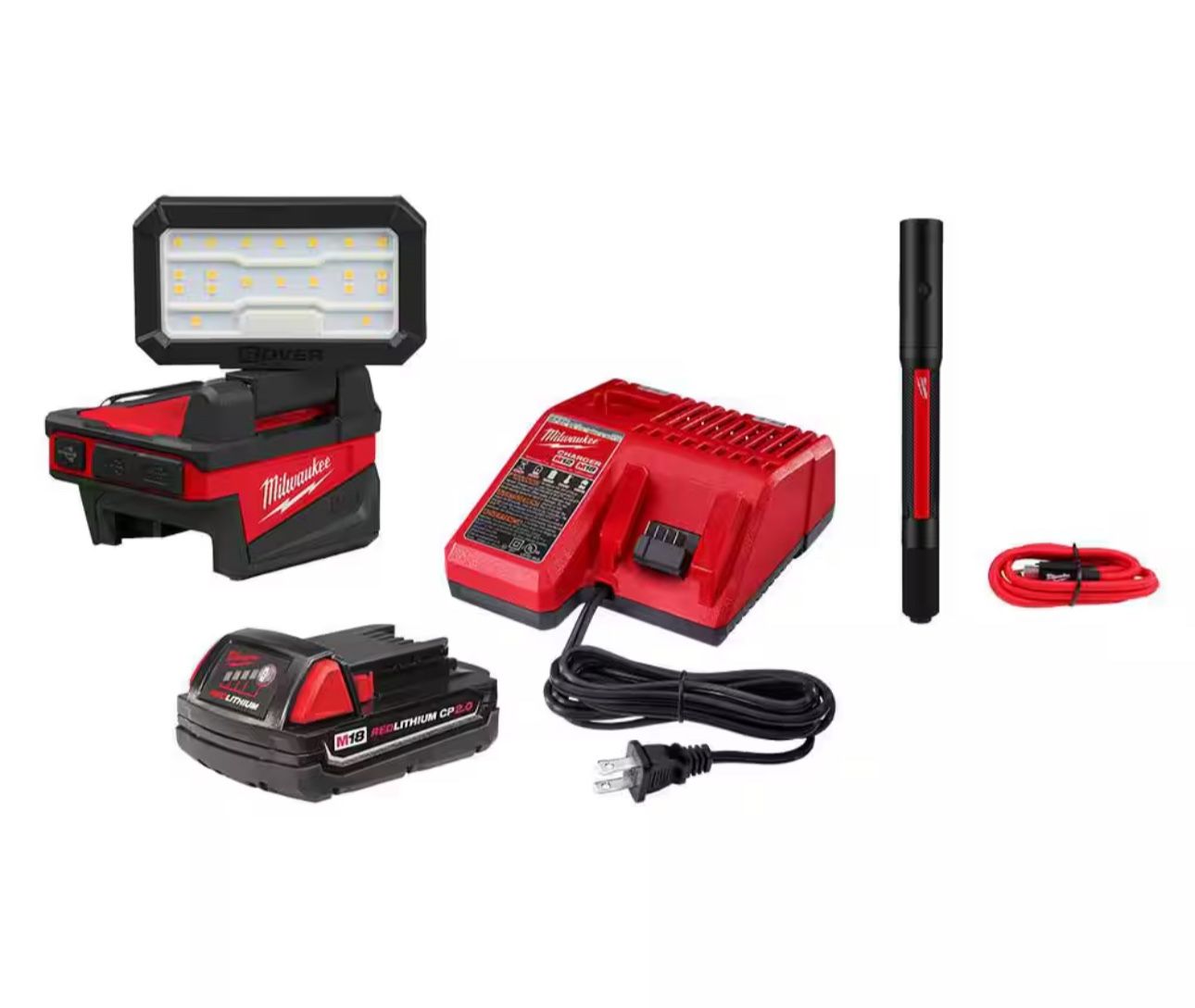 Milwaukee M18 18-Volt Lithium-Ion Cordless ROVER Flood Light with (1) M18 2.0 Ah Battery, Charger, and Rechargeable Penlight