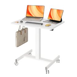 Mobile Standing Desk with Wheels and Pneumatic Height Adjustment, White