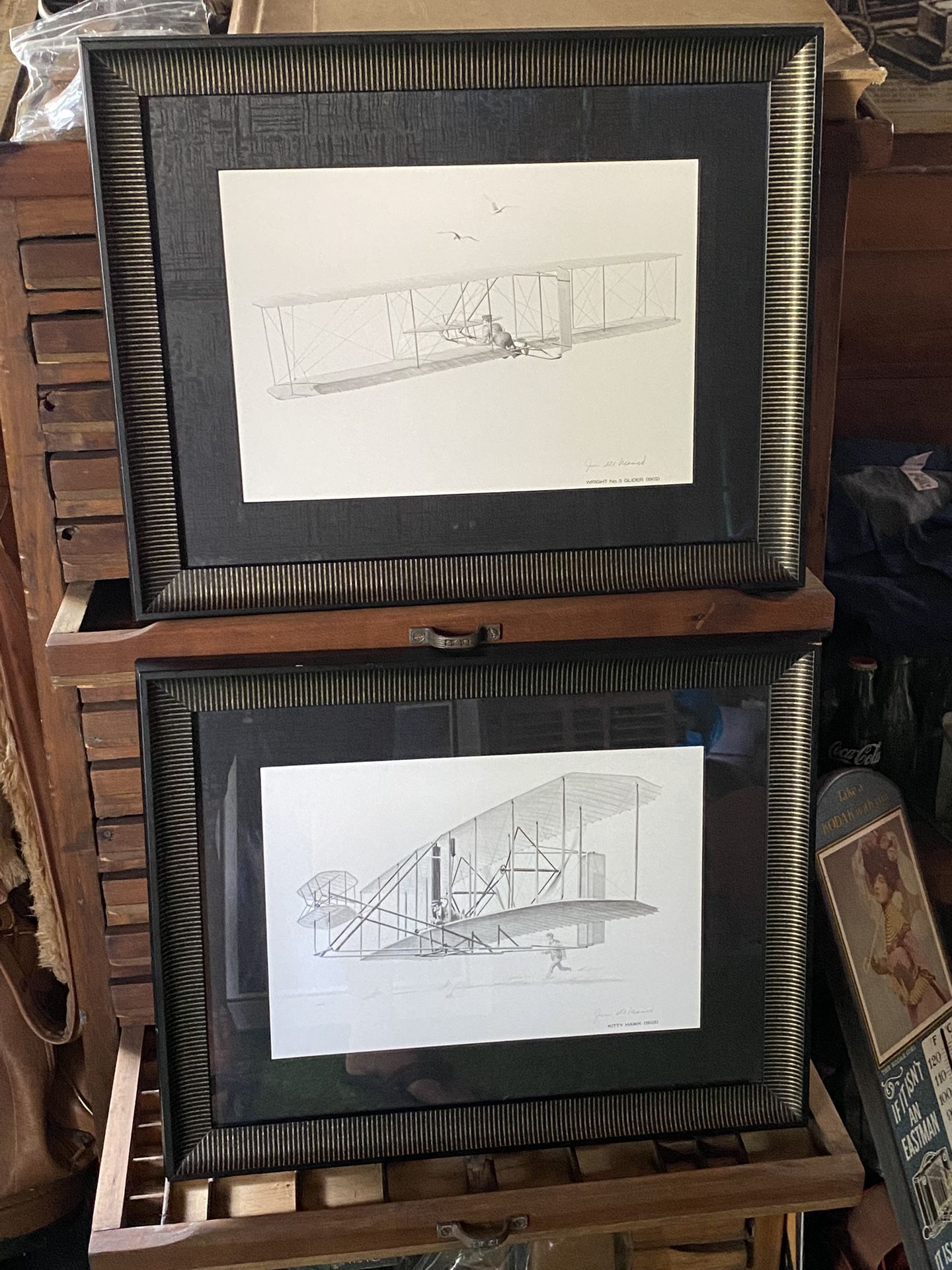 Kitty Hawk -Wright Bros Aviation Signed S.J. DeMarco Set of 2 Framed
