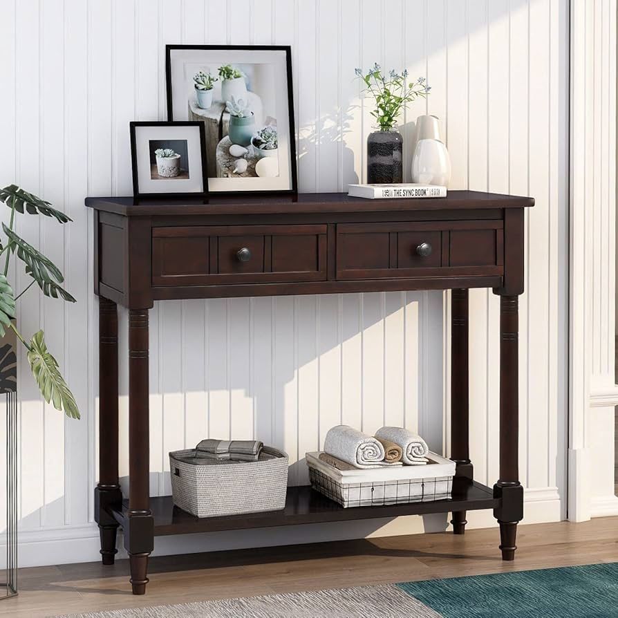 NEW Espresso Wood 2-Drawers Console End Table with Bottom Shelf