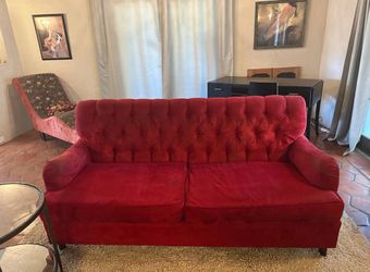 Red velvet couch -baker furniture