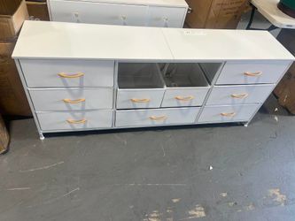 9 Drawer Dresser, 63” Long TV Stand for Bedroom, Entertainment Center with Power Outlet & LED Light for 65"-75" TV, White Dresser with Fabric Storage 