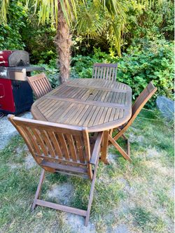 Solid Teak Outdoor Dining Set – Extension Table + 4 Folding Chairs