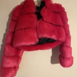 Hot Pink Faux Fur Crop Hooded Jacket