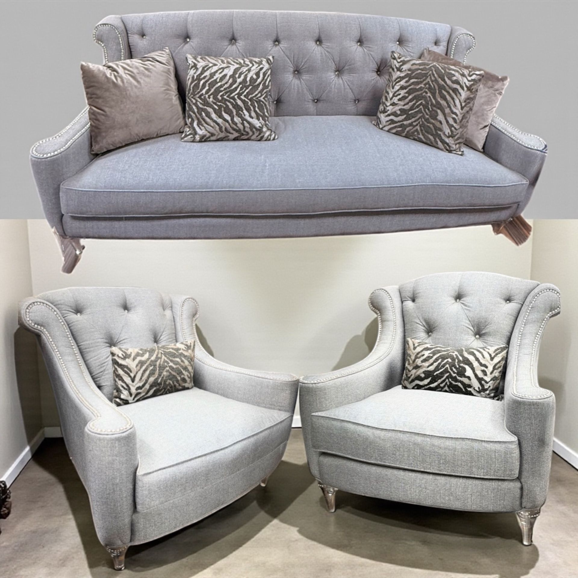 Designer Michael Amini Studio Aico 3p Gray Tufted Sofa Armchairs Set
