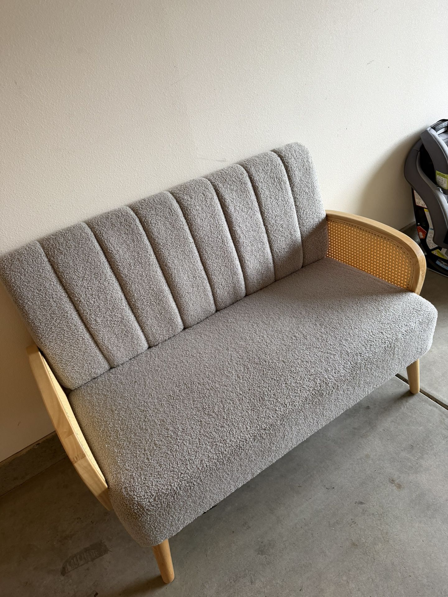 Modern Bouclé Loveseat with Rattan Arms