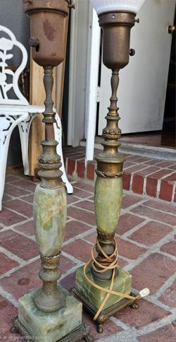 Vintage Mid-Century Green Onyx & Brass Torchiere Lamps - Pair