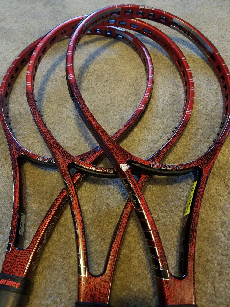 3X USED, PROFESSIONALLY MATCHED PRINCE IGNITE TEAM 95 TENNIS RACQUETS + NEW GROMMET SET