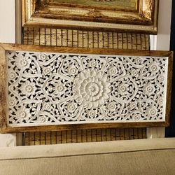 Wood Floral Intricately Carved Wall Decor with Mandala Design White And Back Lightning