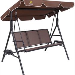 Patio Swing Chair, Porch Swings Bench, Canopy Glider, with Adjustable Tilt, Three Seat (Brown)