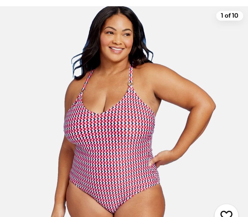 Kona Sol Women's Gold Ring Accent One Piece Swimsuit Red White Blue Size : 20