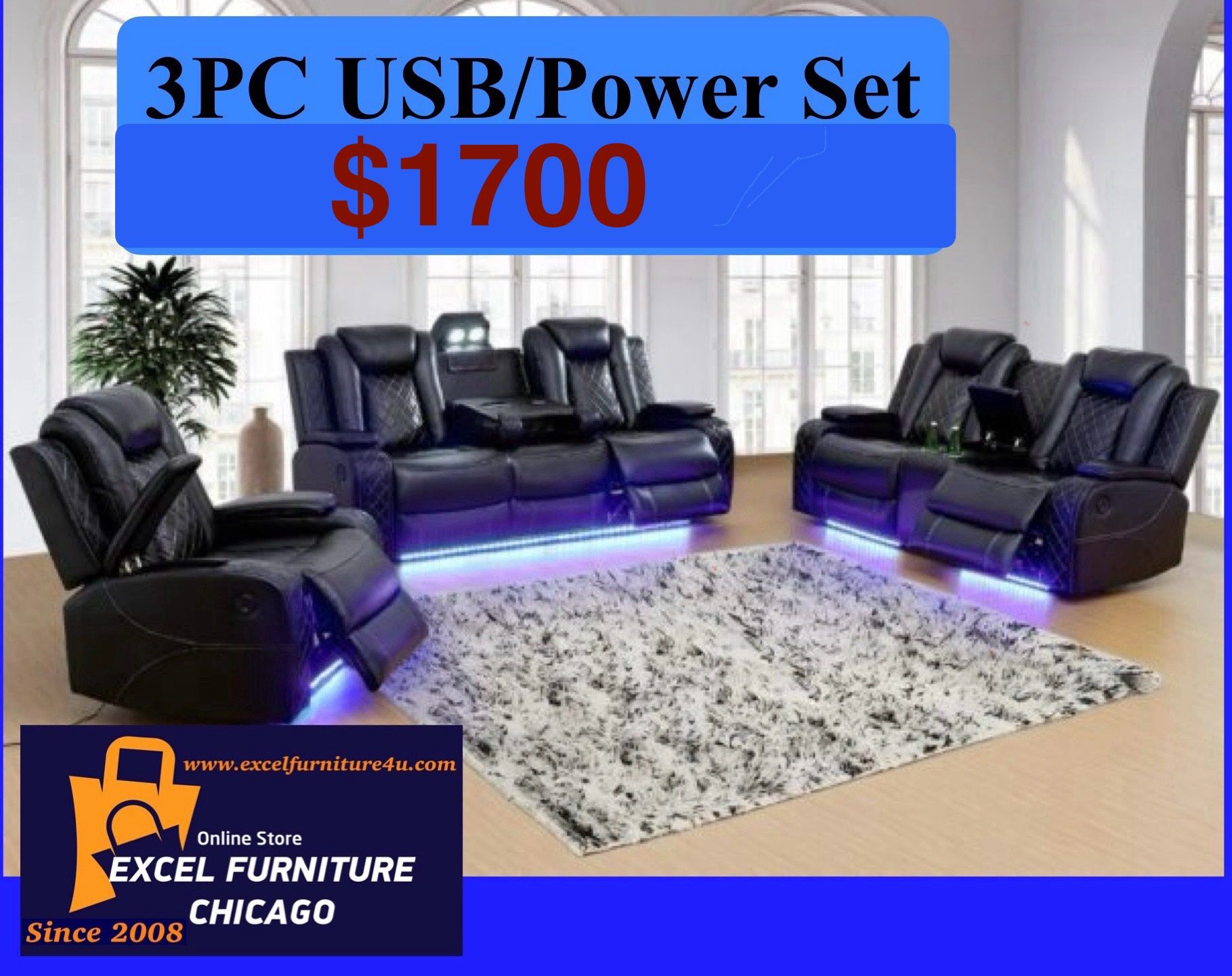 💥FREE DELIVERY💥Brand New POWER, LED, USB  3PC Reclining Sofa Loveseat Chair Set 