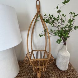 Vintage Large Hanging Rattan Basket Pot Planter Bamboo Cane Plant Holder Wicker Boho Rare 3 Feet Tall, Bohemian Natural Minimalist Collectible Mid Cen