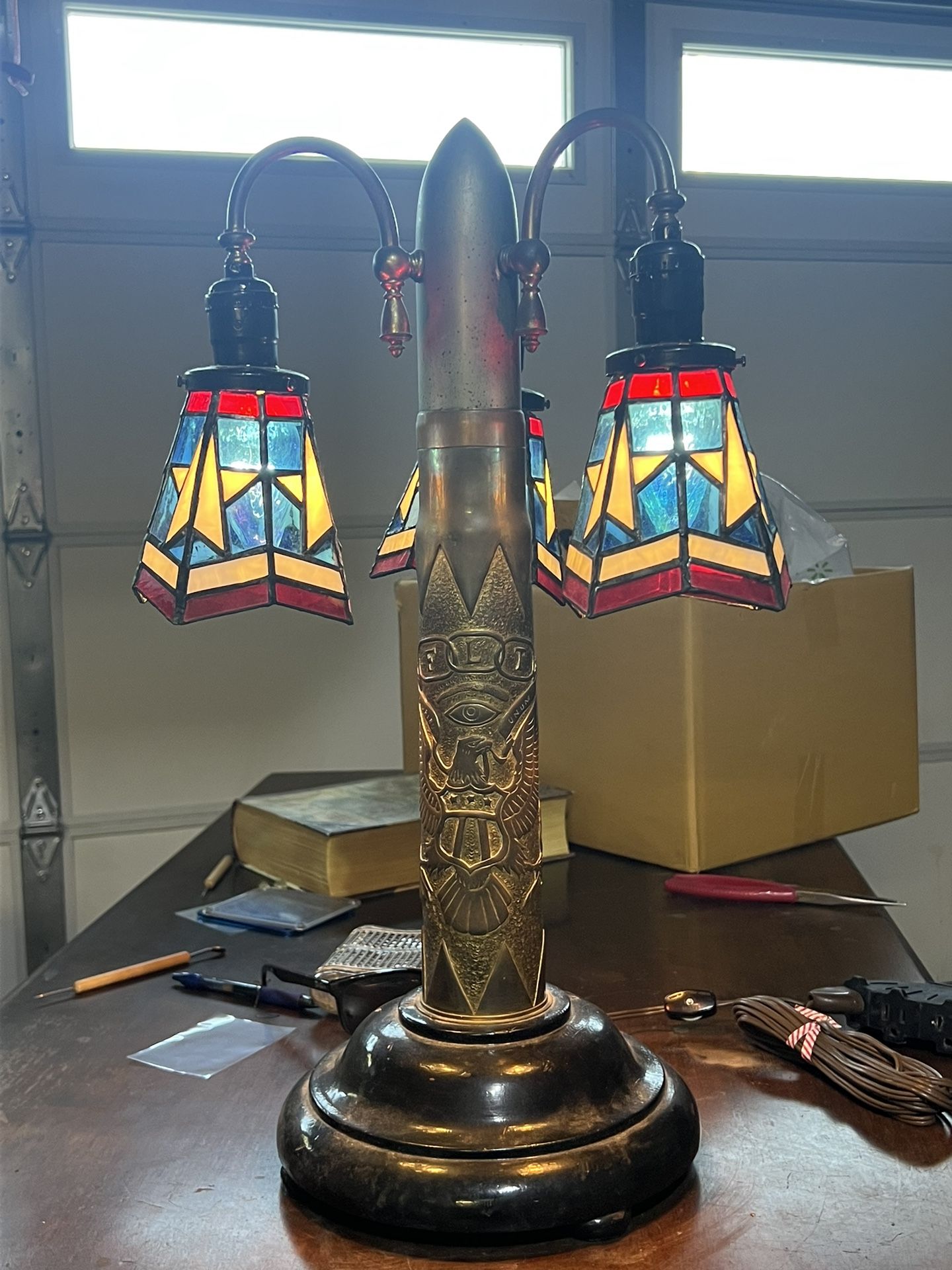 World War 1 “Trench Art” Lamp. Carved Artillery Shell