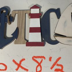 Nautical Wooden Accent Sign with anchor, lighthouse & boat design; patriotic red, white & blue