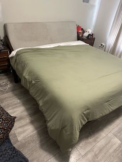 King Size Bed Frame, Brown, with grey fabric head board