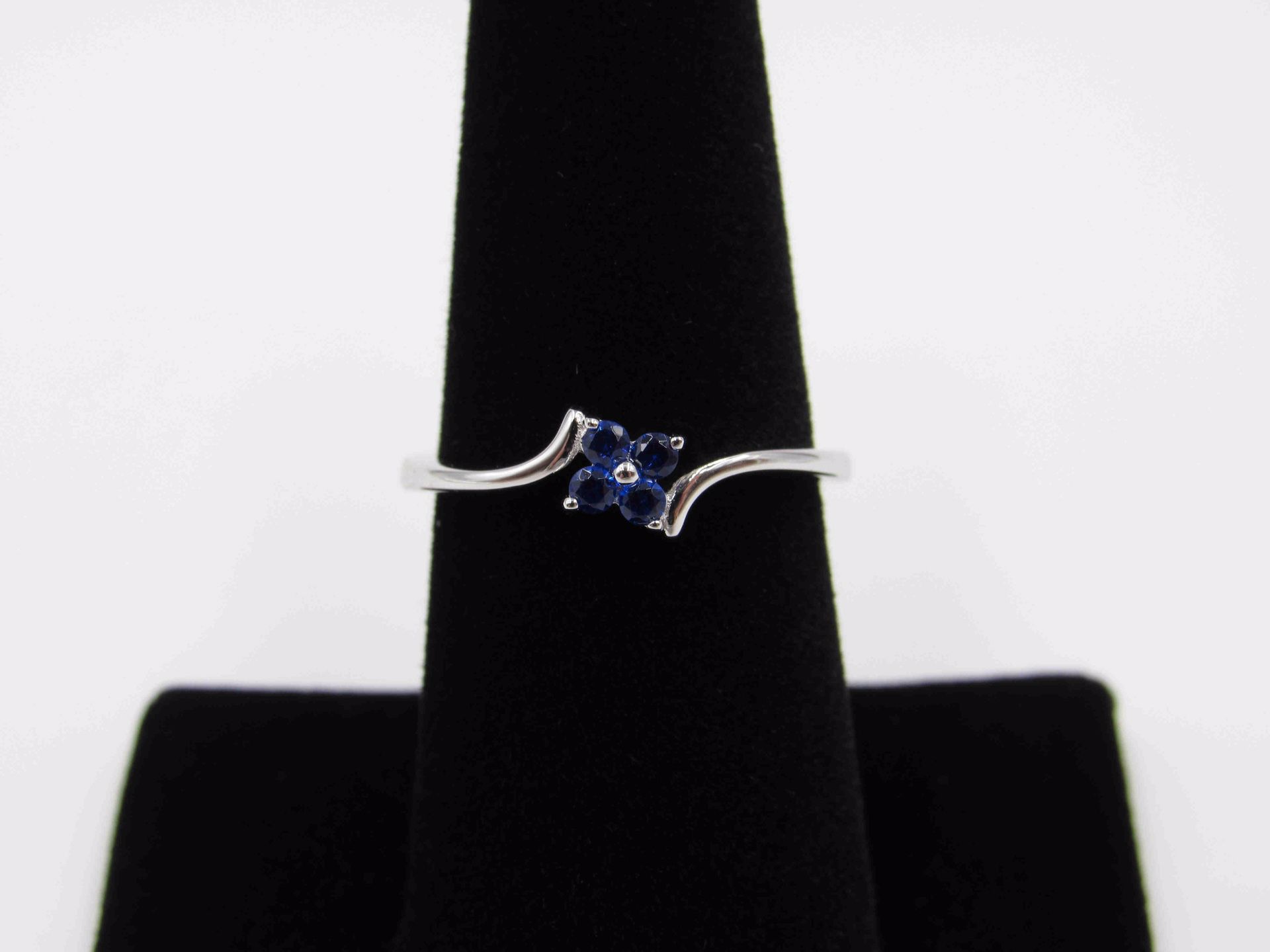 Sterling Silver Ring Size 5, 6, 7 Blue Floral Flower Cubic Zirconia Diamond Band Handmade Everyday Statement Minimalist Cute Gift Idea Cool