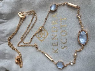 Kendra Scott Gold Tone Station Necklace Blue Iridescent Crystal Adjustable with Dust Bag