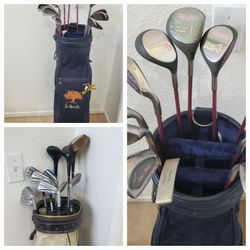 2 GOLF BAGS 1 DAIWA COACH COLLECTION AND RON MILLER VINTAGE BOTH HAS SETS OF CLUBS