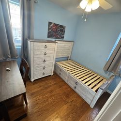 Twin Size Bed Frame with Storage + 5 Drawer Chest — Modern Set (Only 1 Year Old) (Barely Used)