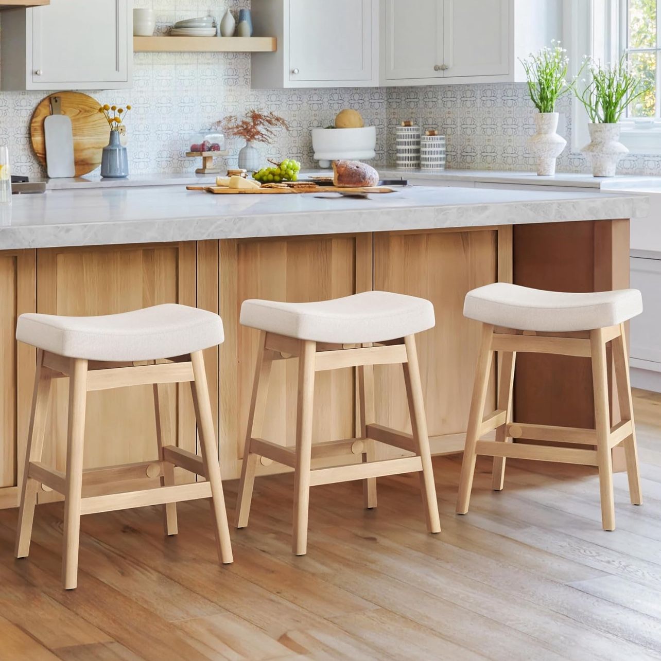 Bar Stools Set of 3, Barstools with Sturdy Wood Legs, Saddle Seat Counter Height Bar Stools for Kitchen Counter, Bar, Dining, 24 Inch Farmhouse Counte