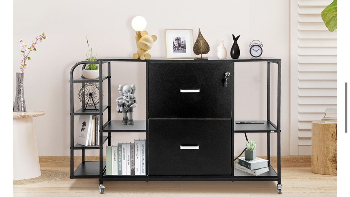 YORKING Lateral File Cabinet, 2 Drawer Mobile Filing Cabinet with Outlet, Open Storage Side Shelves, Locking Drawer Fits A4/Letter/Legal Size File Cab